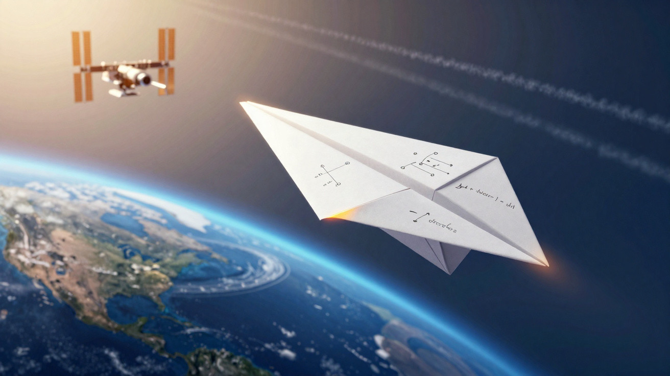 Avião de papel com equações voando no espaço próximo à Terra com uma estação espacial ao fundo.