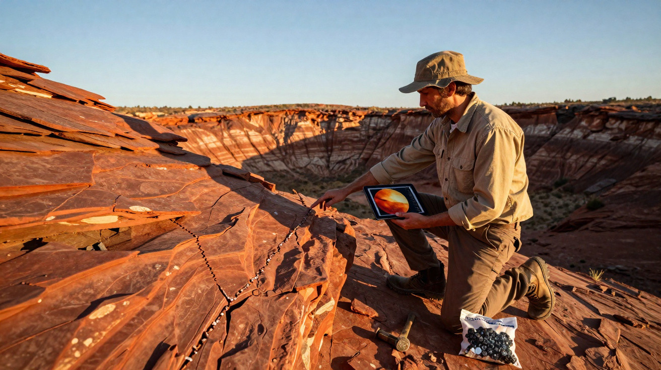Homem com chapéu analisa formações rochosas vermelhas segurando tablet em área desértica ao pôr do sol.