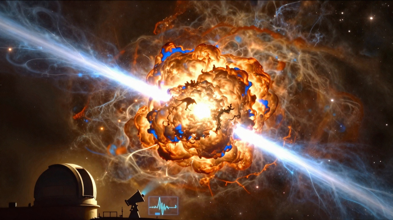 Explosão cósmica com jatos de energia brilhante vista de um observatório espacial à noite.