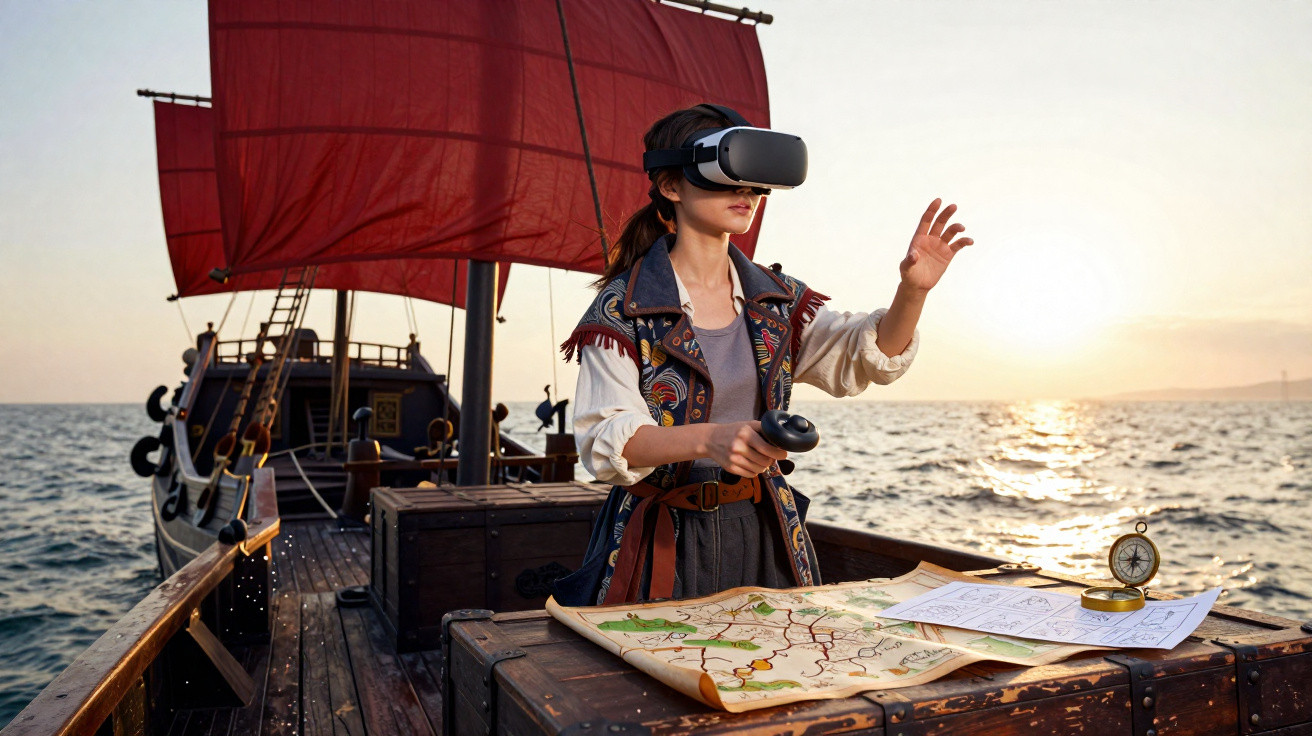 Jovem com óculos de realidade virtual em barco antigo, explorando mapa ao pôr do sol no mar.