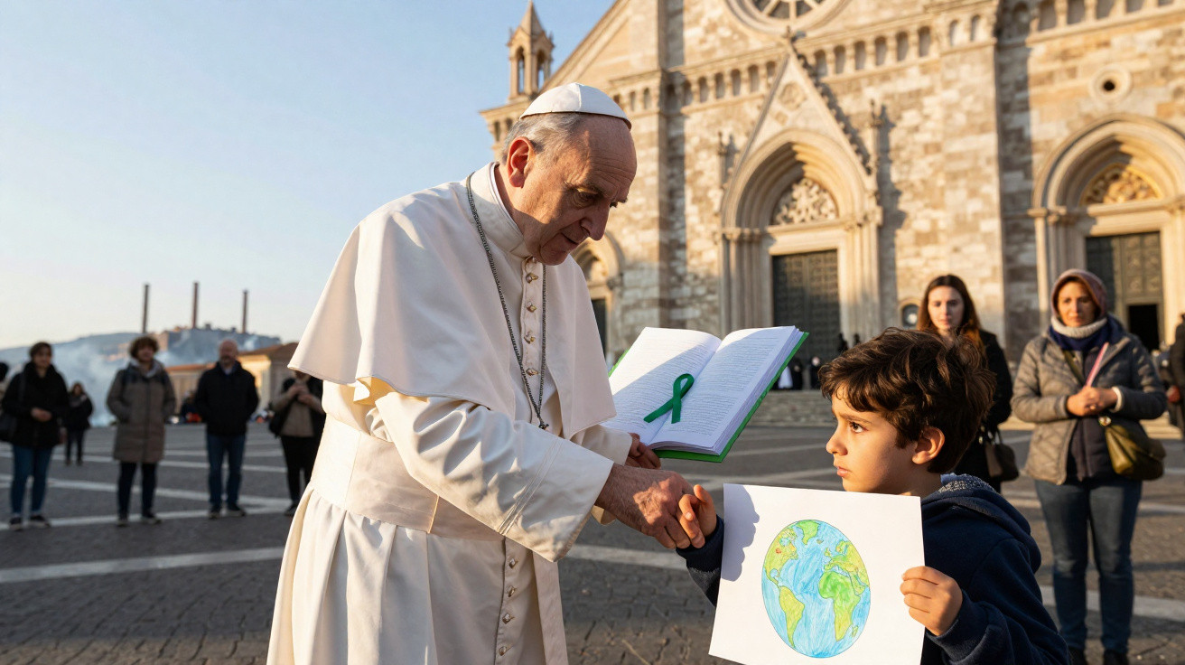 Papa cumprimenta criança que segura desenho da Terra em praça com catedral ao fundo.