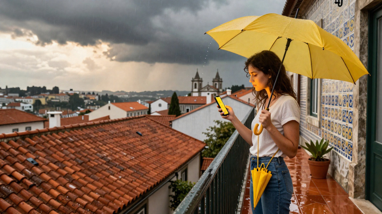 Mulher com guarda-chuva amarelo olhando o celular na varanda em dia chuvoso em cidade com telhados vermelhos.