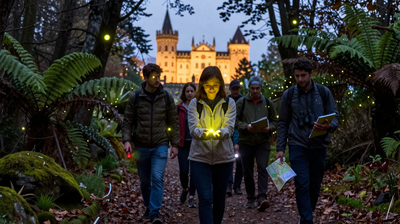 Grupo de pessoas caminhando à noite em floresta iluminada por vaga-lumes, com castelo ao fundo.
