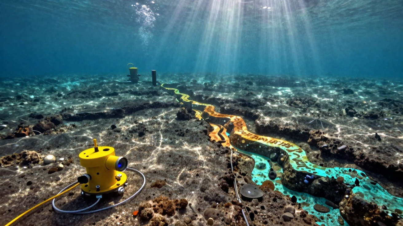 Robô amarelo subaquático em fundo marinho com clareira iluminada e faixa colorida sobre corais.