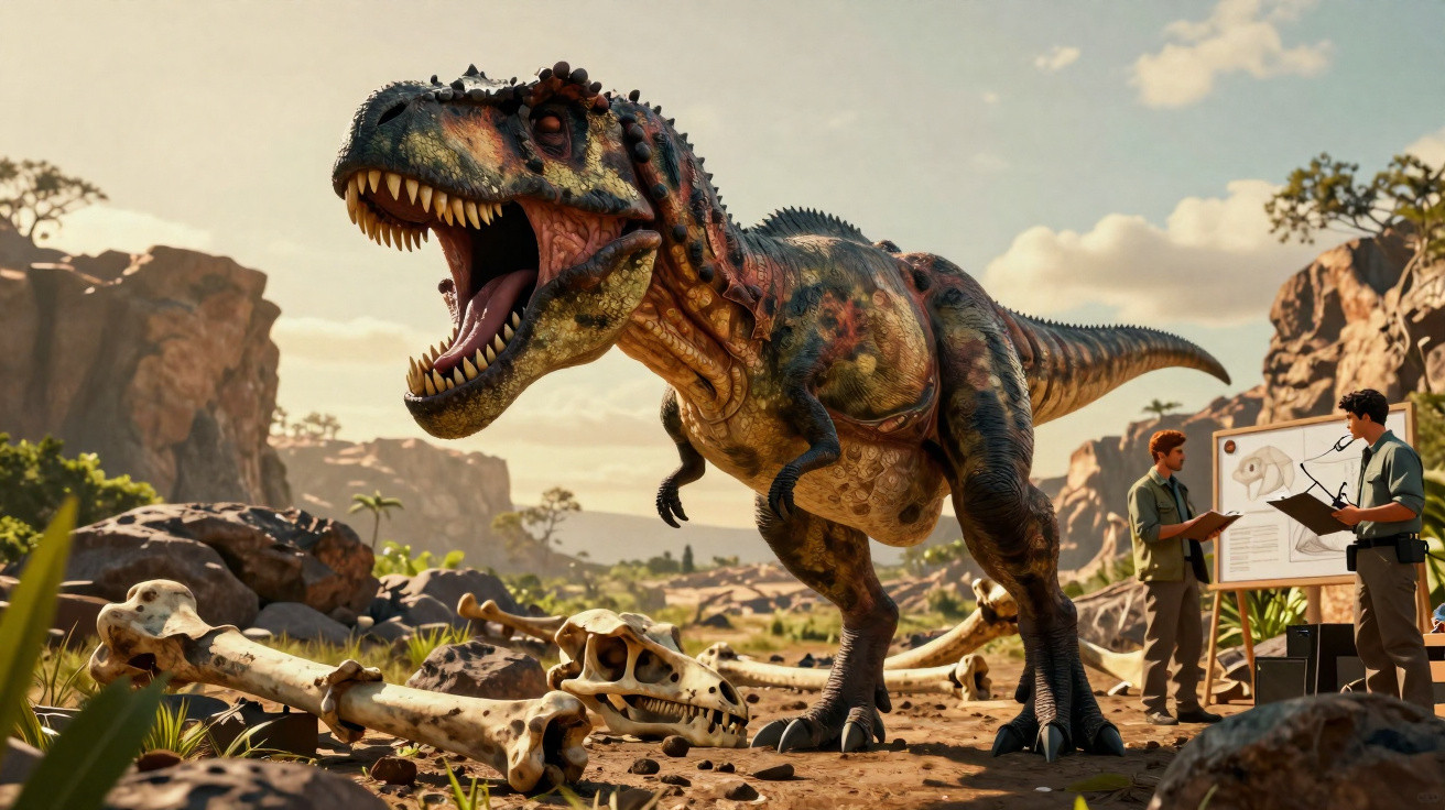 Tiranossauro rex rugindo perto de ossos fósseis com dois cientistas ao fundo em cenário desértico.