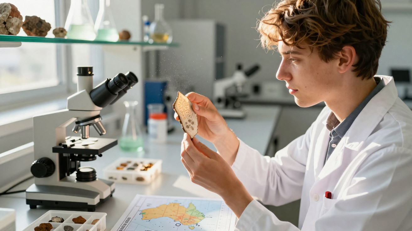 Jovem cientista em jaleco examina fóssil em laboratório com microscópio e mapa sobre a mesa.