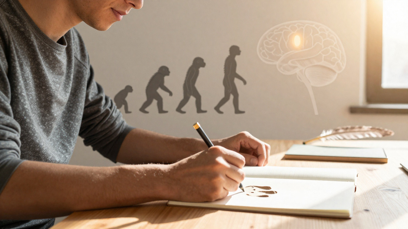 Pessoa desenhando na mesa, com ilustração da evolução humana e cérebro ao fundo iluminado.