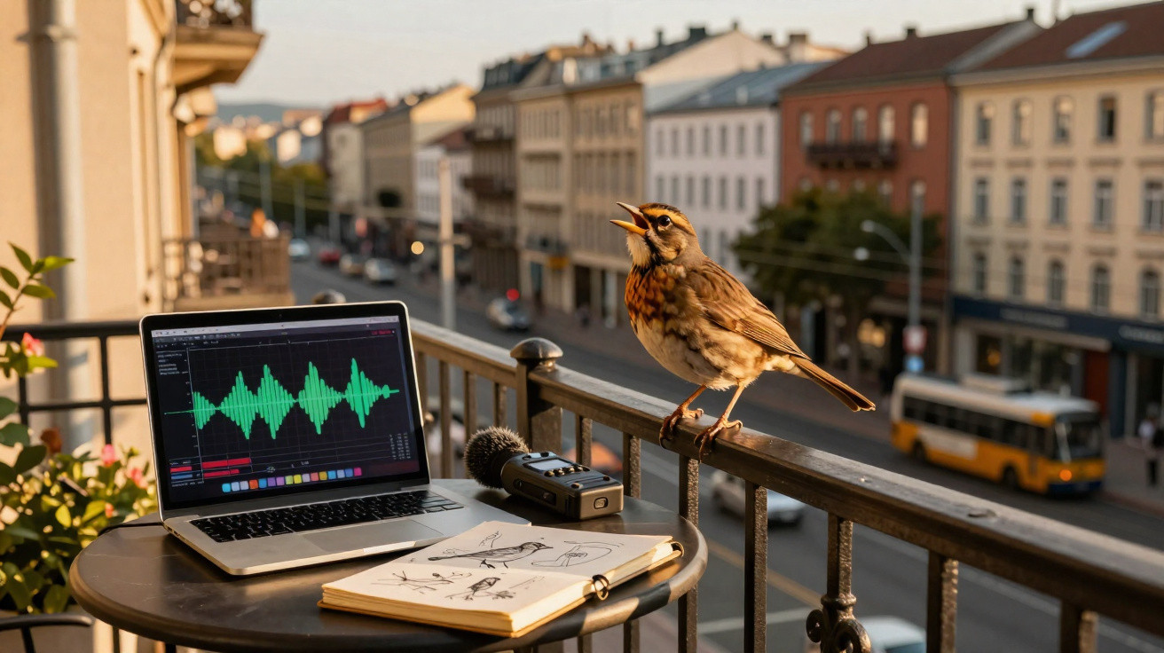 Pássaro cantando em sacada com notebook mostrando ondas sonoras, gravador e caderno com desenhos de aves.