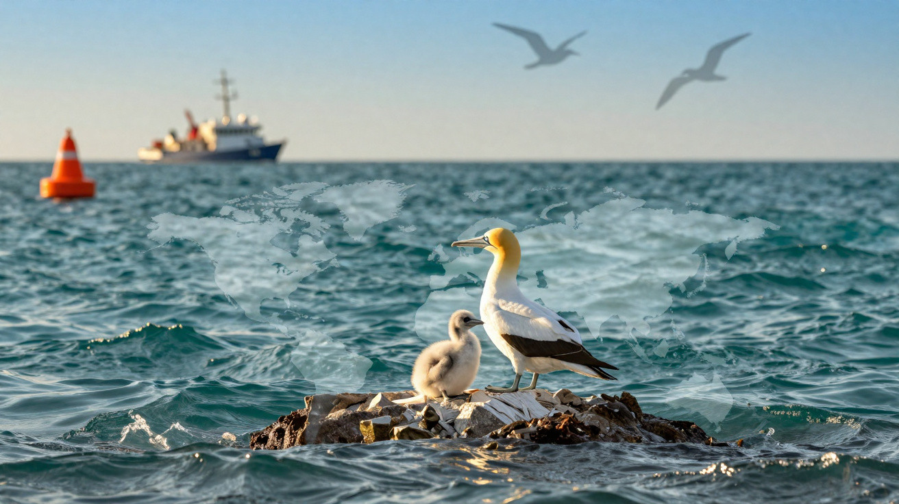 Pássaro adulto e filhote sobre pedra no mar com barco e bóia ao fundo em dia ensolarado.