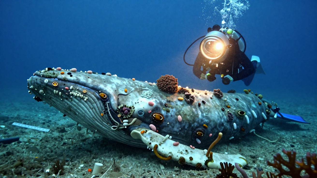 Baleia de bigode azul no fundo do mar coberta por corais e um mergulhador iluminando com lanterna.