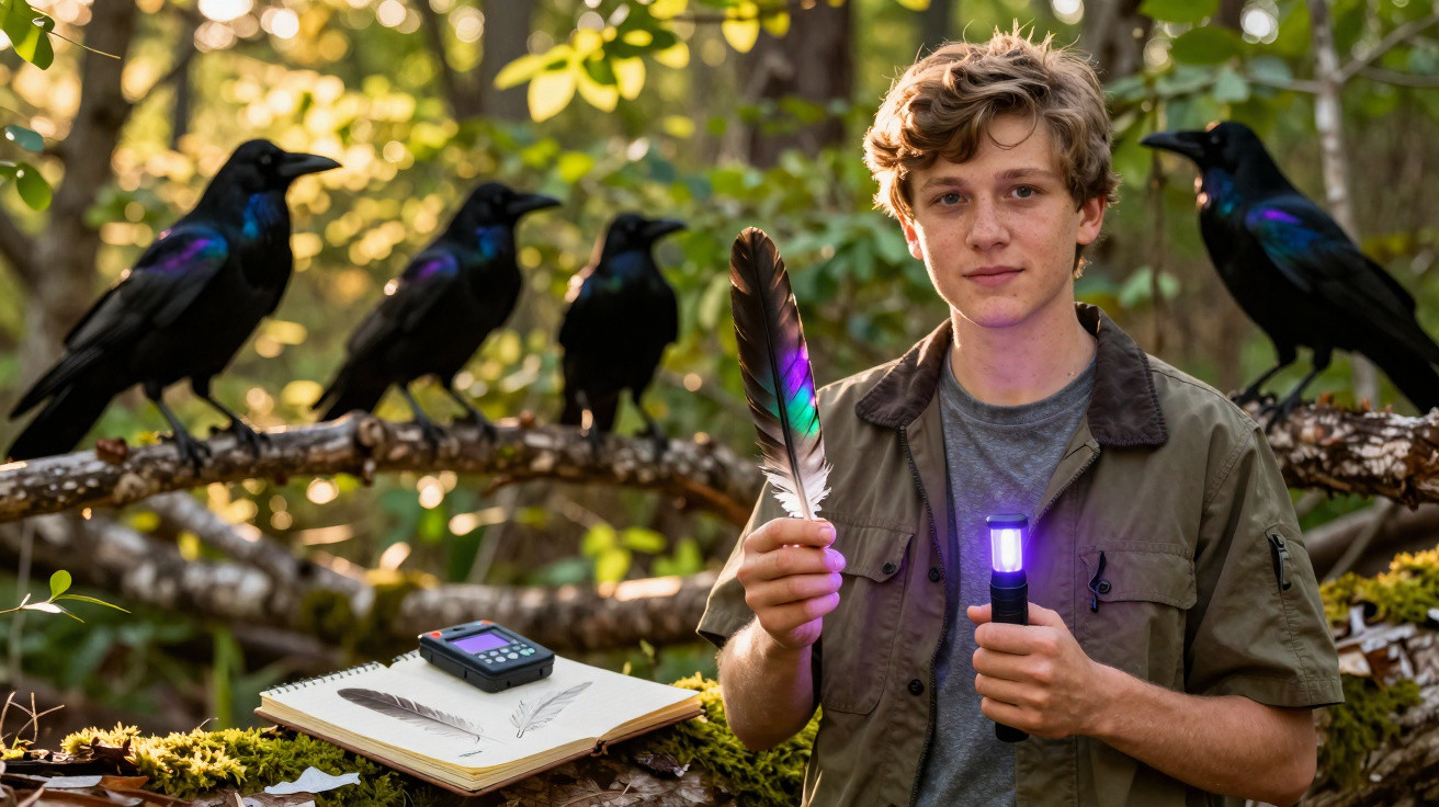 Jovem segurando pena luminosa em floresta com corvos sentados em galho ao fundo.