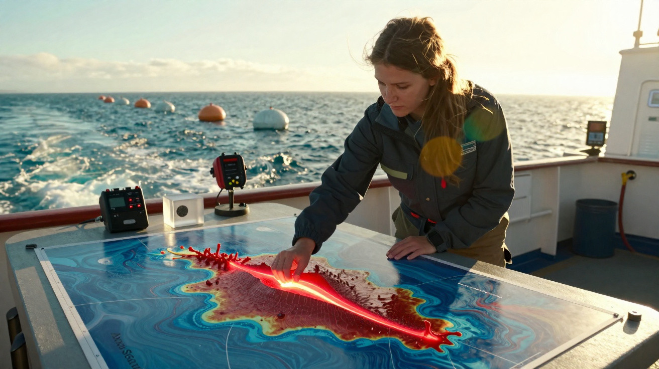 Mulher analisando mapa digital interativo em barco com mar e boias ao fundo ao pôr do sol.