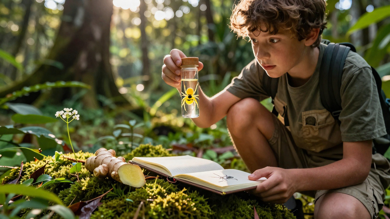 Garoto com mochila observa vidrinho com aranha em floresta, ao lado de livro aberto e planta.