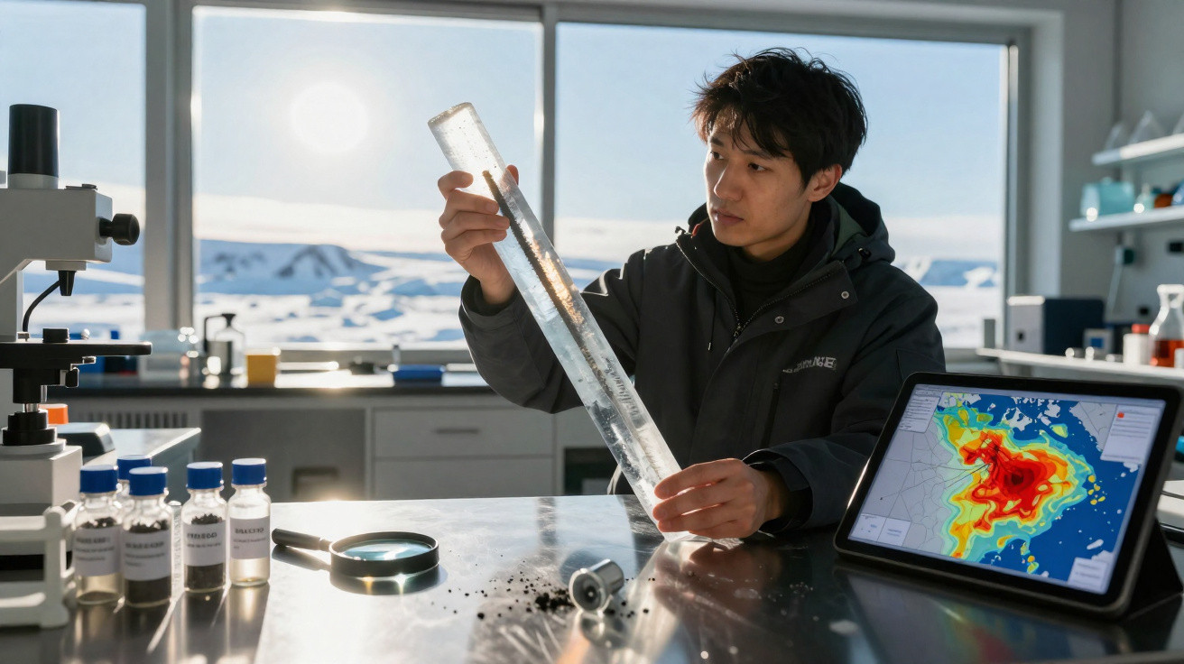 Homem em laboratório analisando amostra de gelo em tubo transparente com mapa meteorológico ao lado.