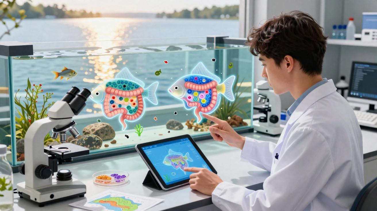 Cientista analisa peixes com ilustrações internas de sistemas digestivos em laboratório aquático moderno.