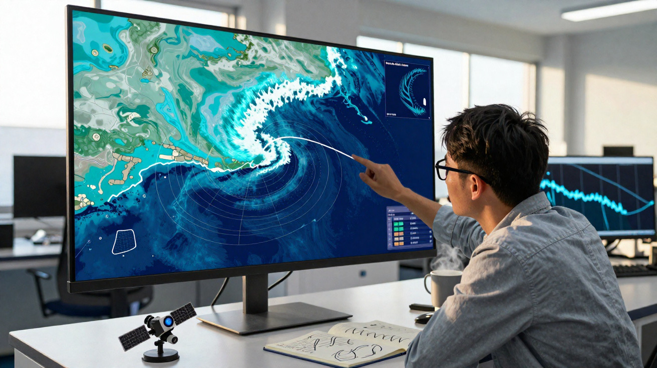 Pessoa analisando dados de tsunami em grande tela de computador em ambiente de escritório moderno