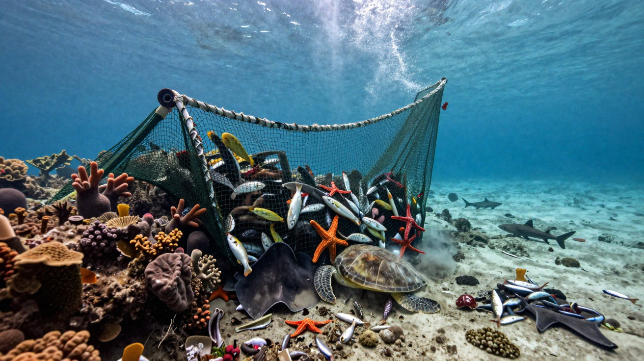 Rede de pesca no fundo do mar cheia de peixes, estrelas do mar, uma tartaruga e um arraia entre corais.