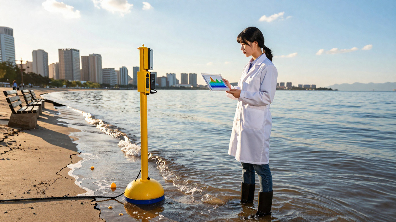 Mulher cientista com jaleco e botas monitora dados ambientais em tablet na orla de uma cidade costeira.
