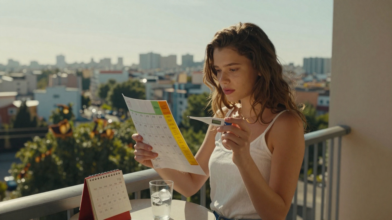 Mulher olhando para calendário e segurando termômetro em varanda com cidade ao fundo.