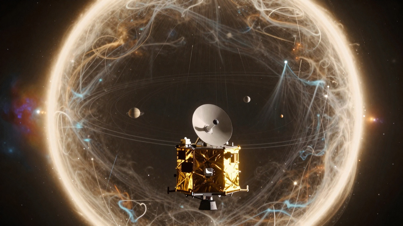 Nave espacial dourada com antena, cercada por planetas e um anel cósmico brilhante no espaço.