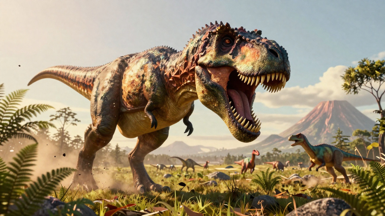 Tiranossauro rex com a boca aberta em ambiente pré-histórico com outros dinossauros e vulcão ao fundo.