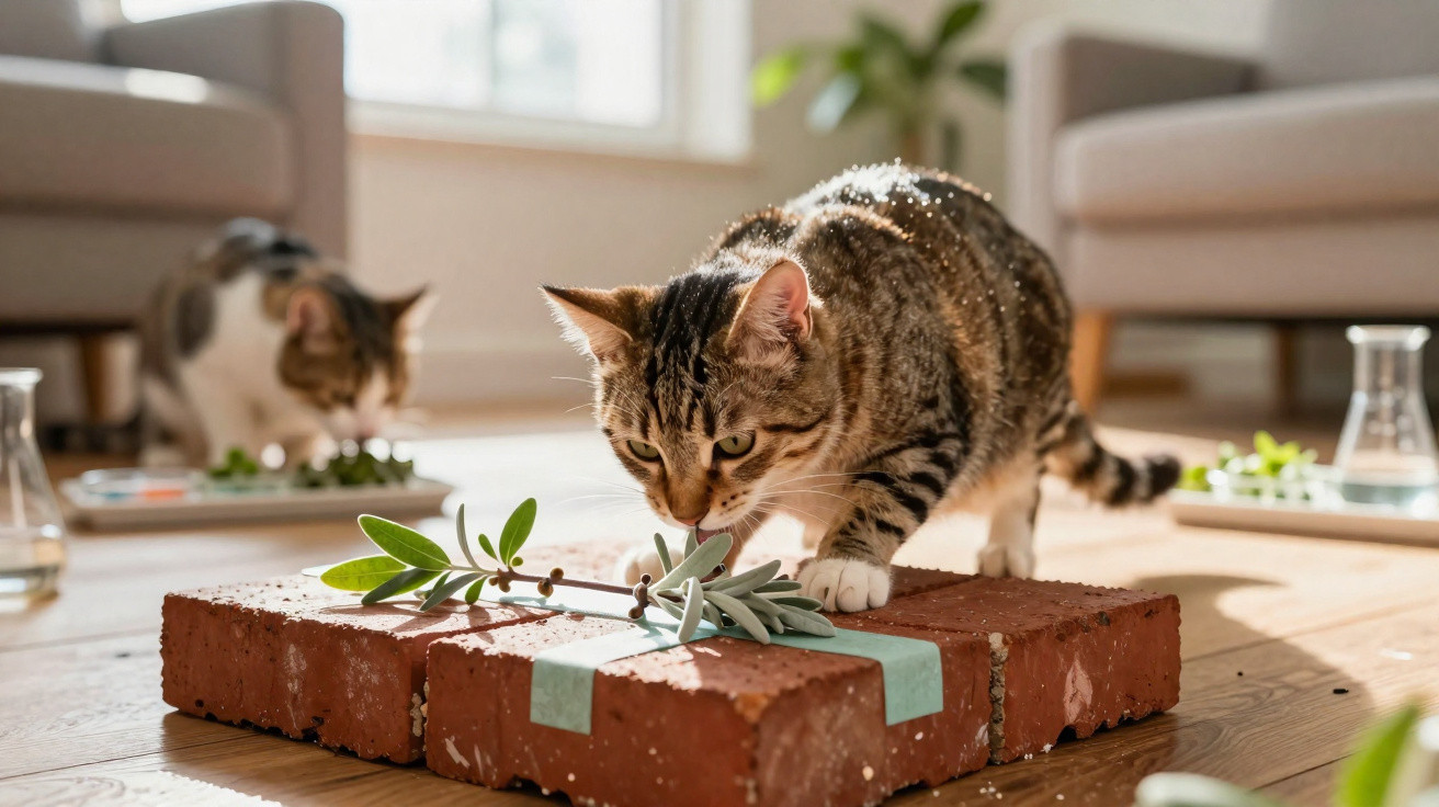 Dois gatos explorando plantas em tijolos dentro de uma sala ensolarada com móveis ao fundo.
