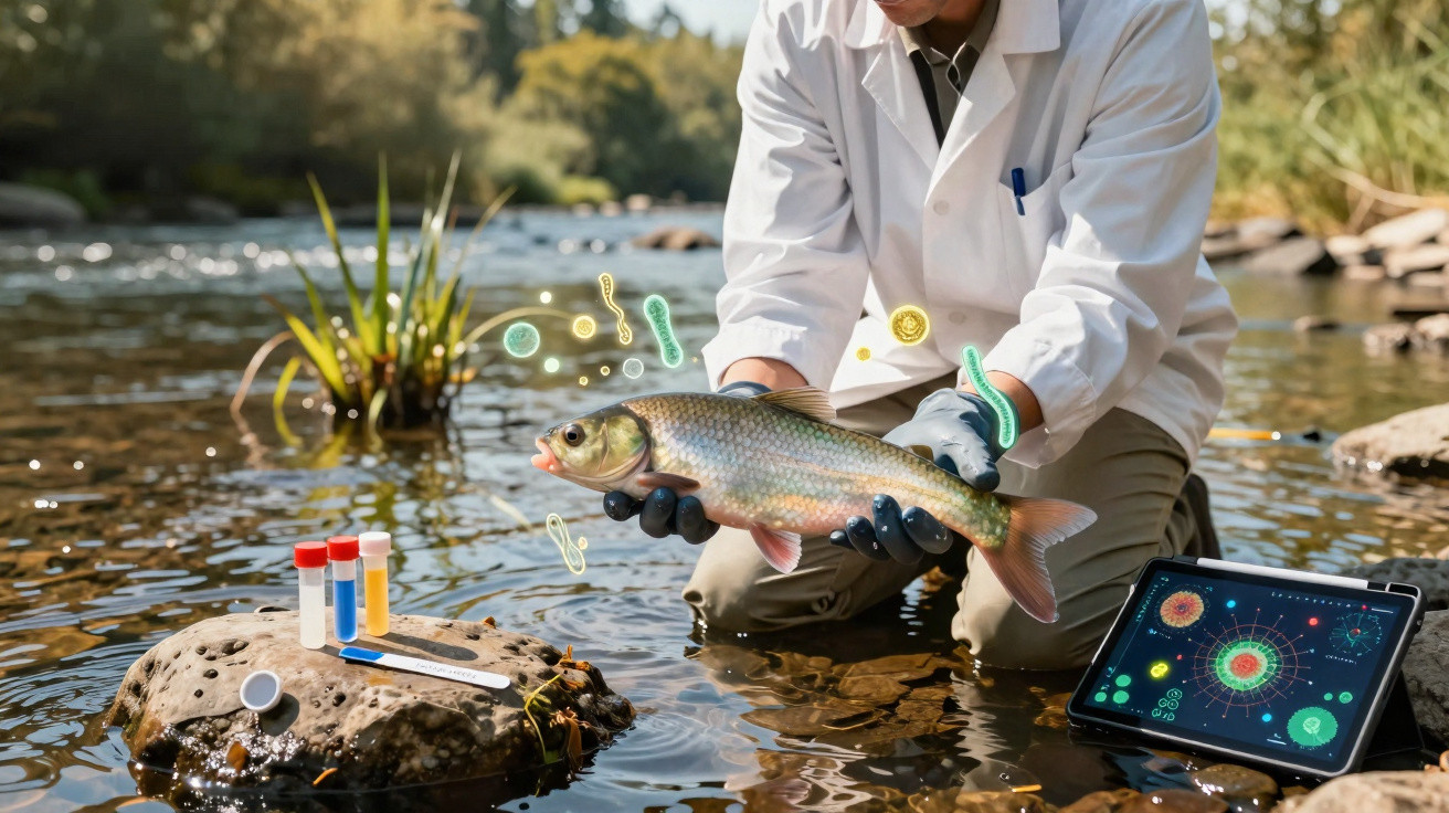 Pesquisador em rio segura peixe para análise de contaminação microbiológica com tablet e amostras.