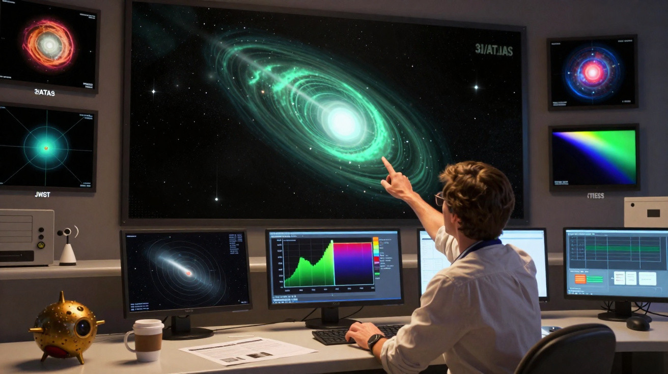 Pessoa em laboratório observando e apontando para imagem digital de uma galáxia em monitores variados.