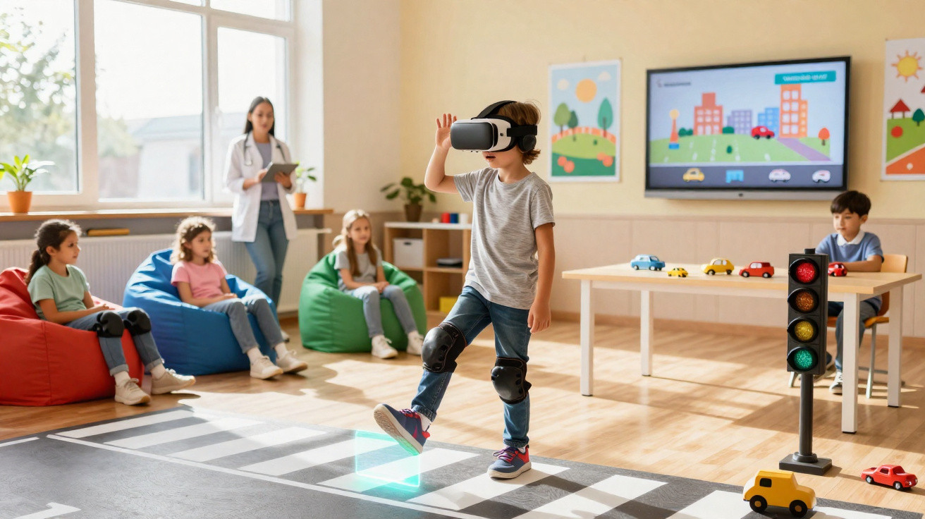 Criança usando óculos de realidade virtual em sala de aula simulando atravessar faixa de pedestres com semáforo e carros de b