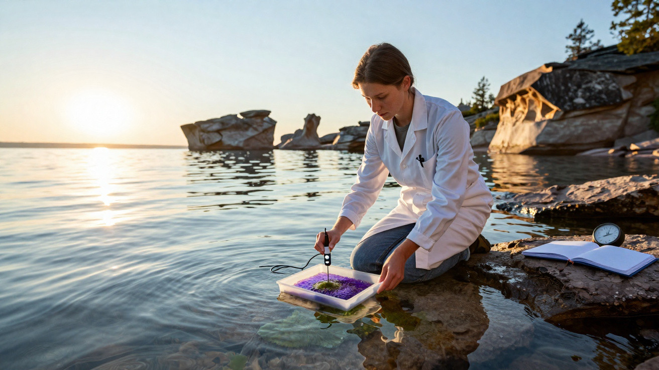 Mulher em jaleco branco coleta amostra de água em lago ao pôr do sol, com caderno aberto ao lado.