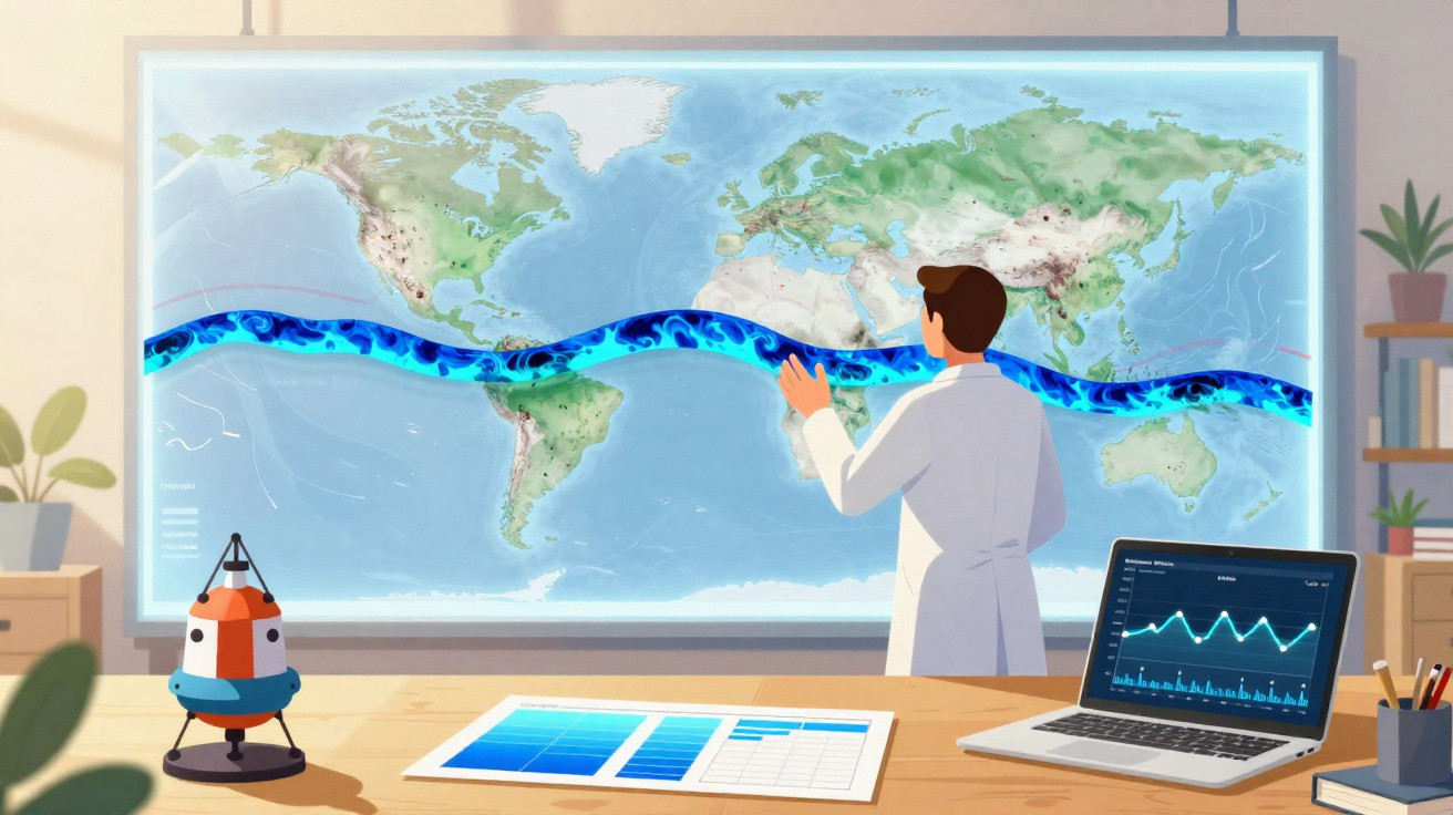 Homem em jaleco analisa mapa-múndi com representação gráfica de dados e gráfico em laptop em escritório.