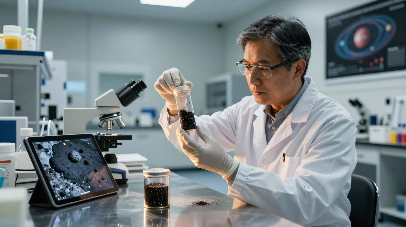 Cientista analisando amostra de solo em tubo de ensaio em laboratório com microscópio e tablet.