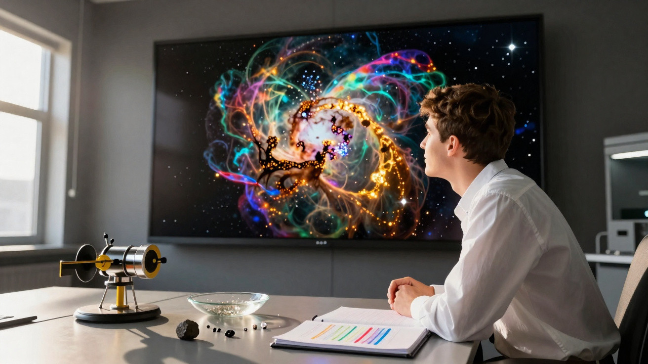 Homem observando painel com imagens coloridas de galáxias em ambiente de estudo científico.