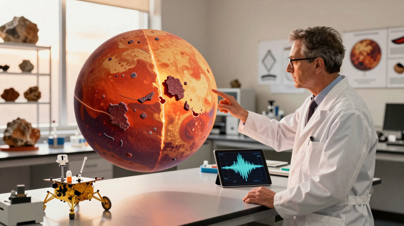Cientista em laboratório observa e analisa modelo 3D da superfície e interior do planeta Marte.