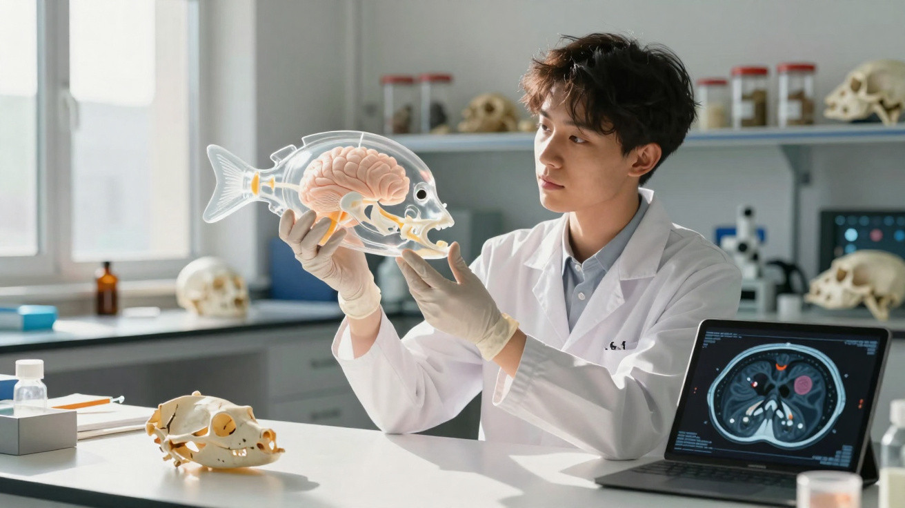 Cientista examina modelo transparente de peixe com cérebro em laboratório moderno.