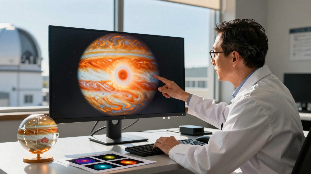 Cientista apontando para imagem do planeta Júpiter em monitor de computador, com globo do planeta na mesa.