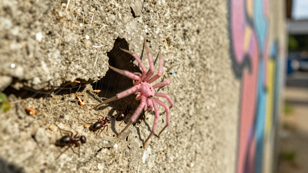 Aranha rosa na entrada de um buraco em parede de concreto com formigas ao redor.