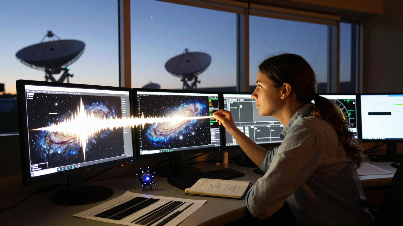 Mulher analisando dados astronômicos em múltiplos monitores com radiotelescópios ao fundo ao anoitecer.