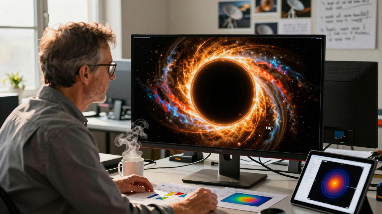 Homem sentado em escritório analisando imagens e gráficos de um buraco negro em computador e tablet.