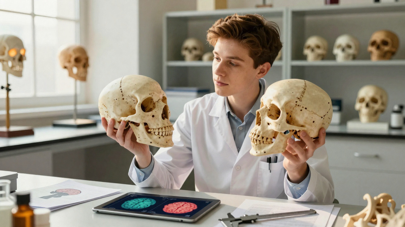 Jovem cientista em jaleco branco segurando dois crânios humanos em laboratório de anatomia.