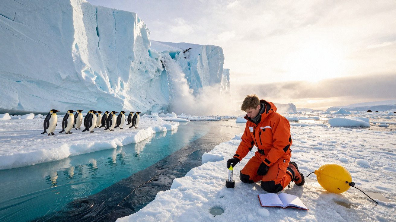 Pesquisador vestido de laranja estuda gelo próximo a pinguins e icebergue na Antártida durante derretimento.