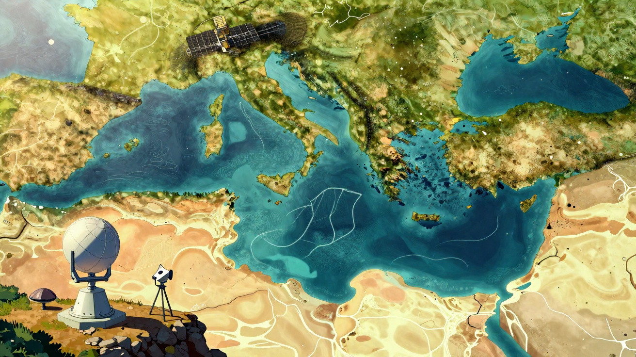 Mapa ilustrado do Mar Mediterrâneo com satélite e equipamentos de radar em primeiro plano.