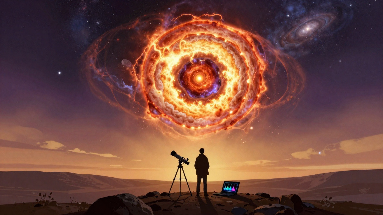 Pessoa observando um fenômeno cósmico brilhante com telescópio ao entardecer em um terreno rochoso.