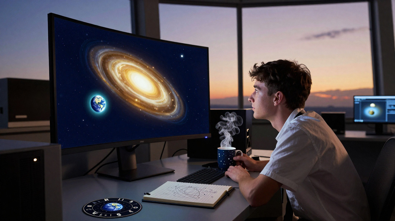 Jovem observa imagem do espaço com galáxia e Terra em tela de computador ao amanhecer em escritório.