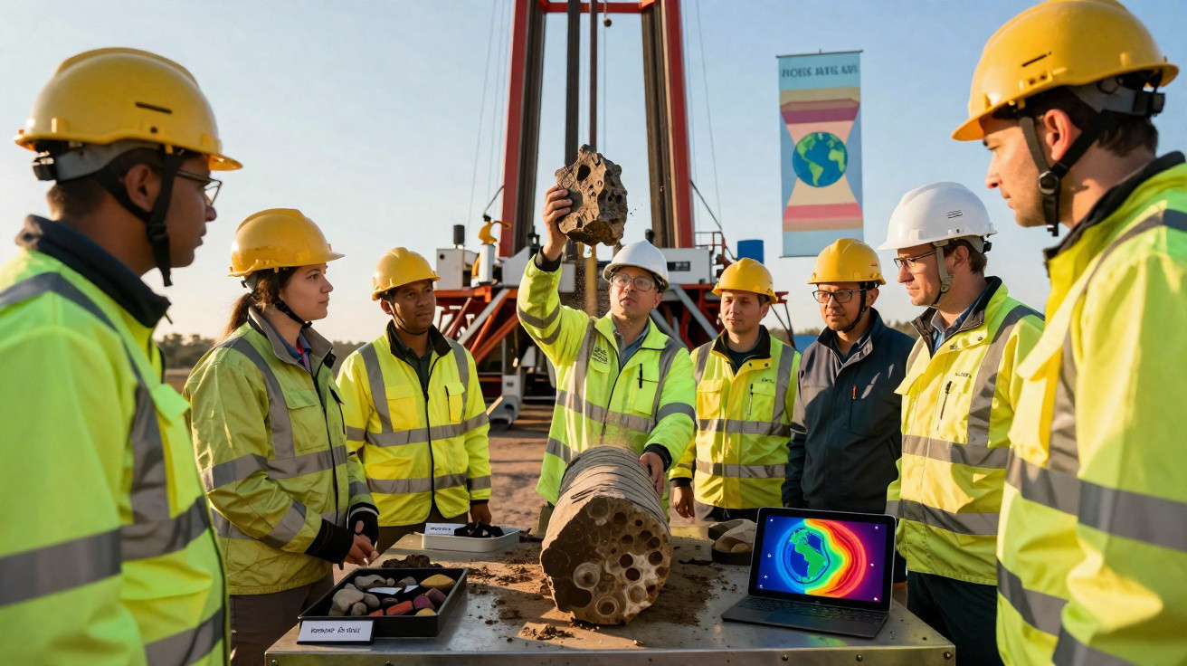 Equipe de engenheiros com capacetes observando amostra de solo em campo de pesquisa geológica.