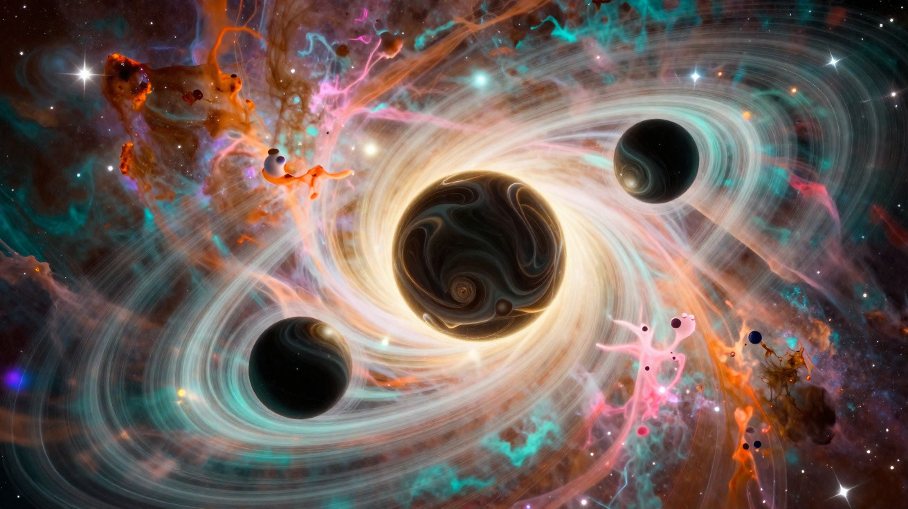 Ilustração de buraco negro cercado por planetas e partículas coloridas em movimento no espaço sideral.