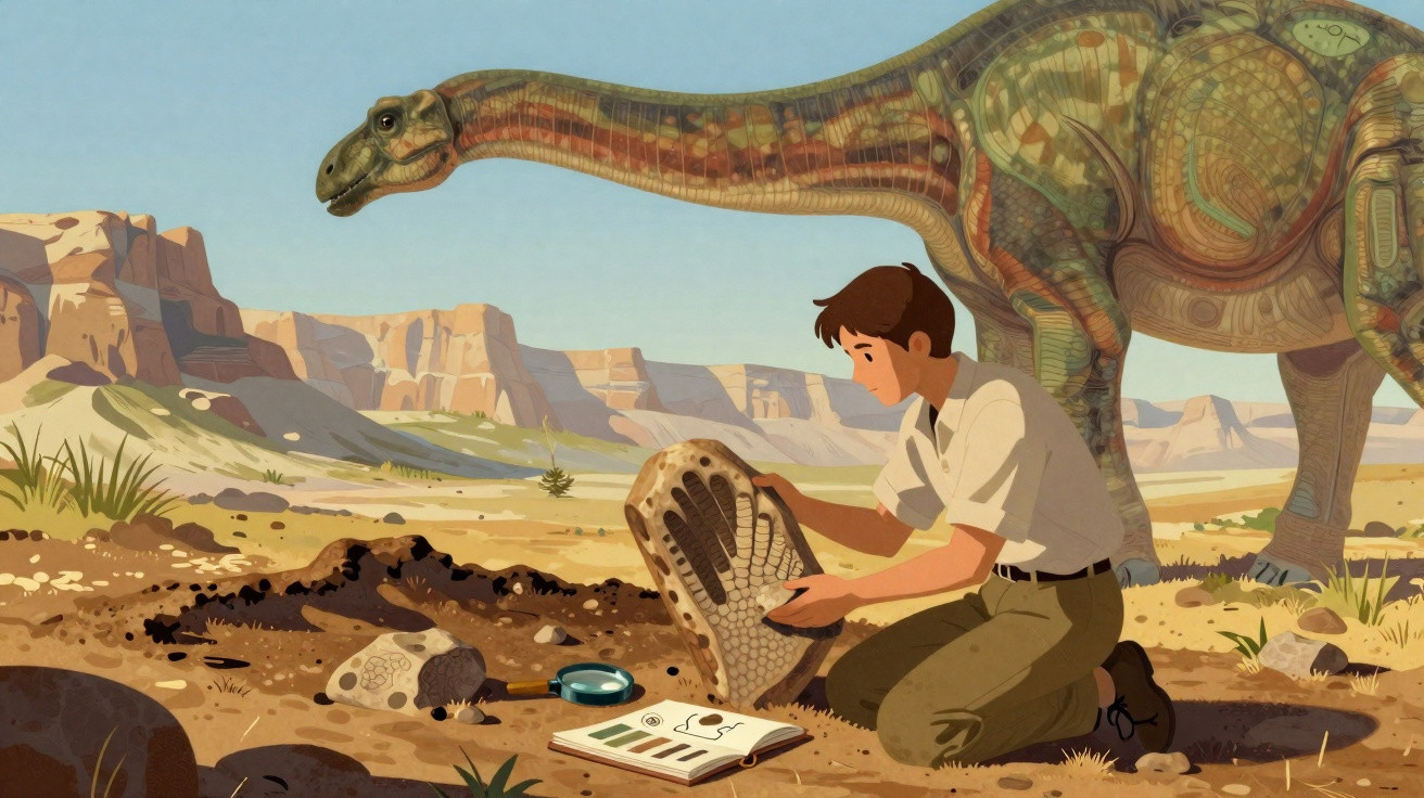 Homem examina pegada fóssil no deserto com dinossauro gigante ao fundo e caderno aberto no chão.