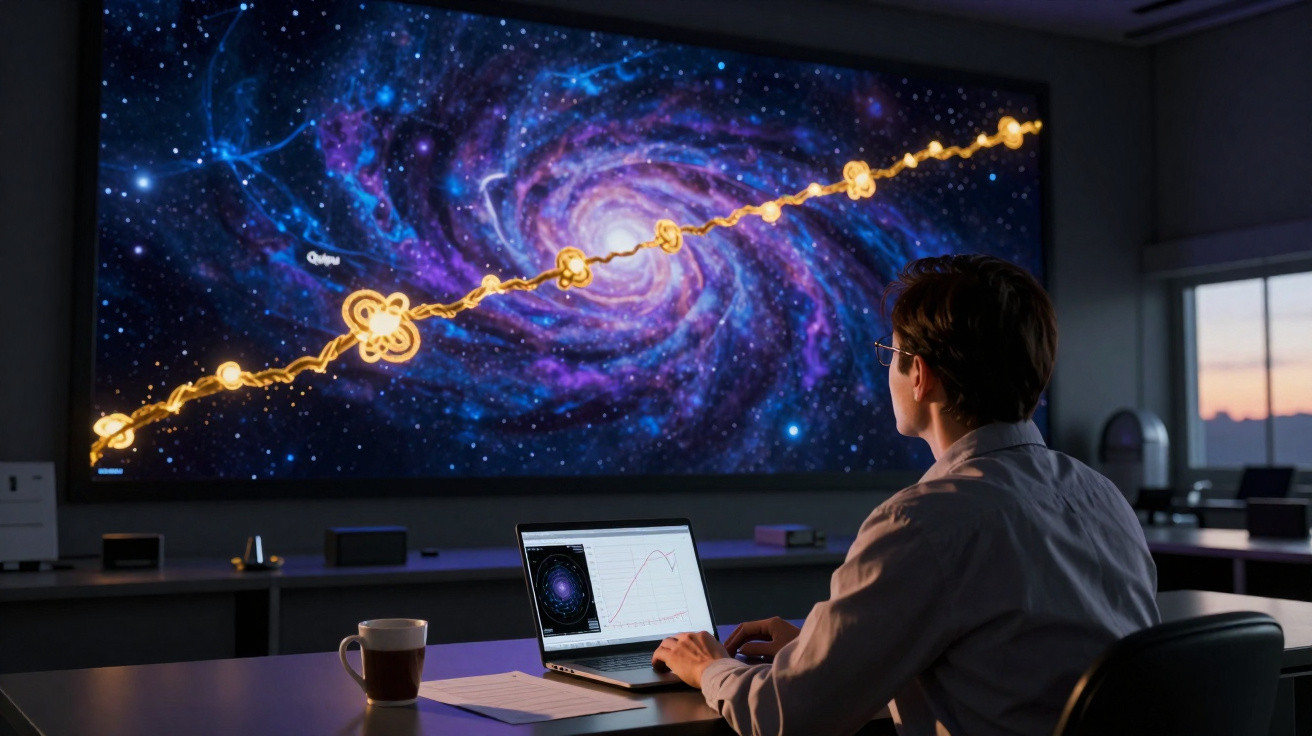 Pessoa sentada em mesa observa tela gigante com imagem de galáxia e ondas gravitacionais no fundo espacial.