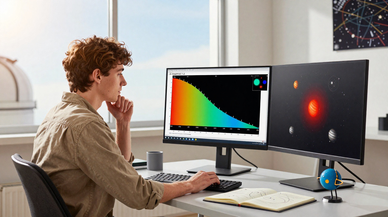 Jovem sentado à mesa com dois monitores, analisando gráficos e imagens de planetas em ambiente com janela.