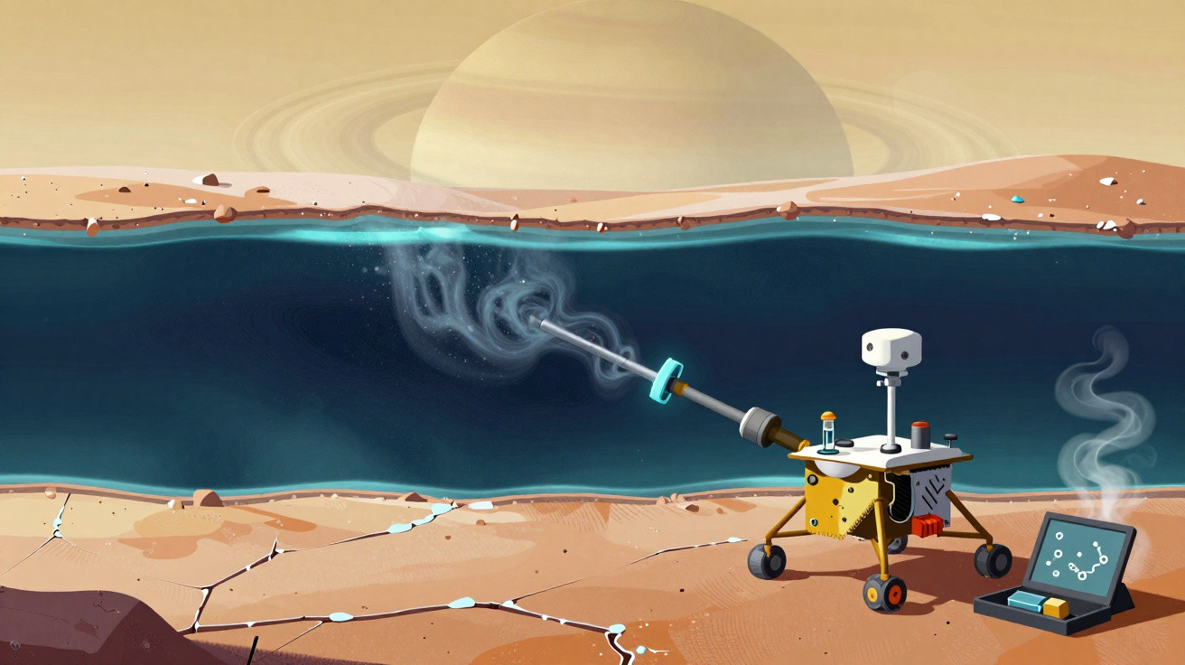Rover explorando um lago subterrâneo em planeta com anéis visível ao fundo e equipamento eletrônico ao lado.